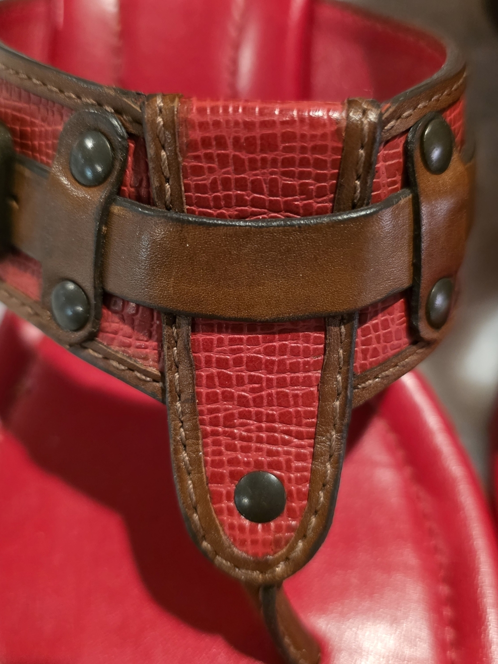 Cole Haan Red Thong Sandals with Brown Accent Straps and Stud Details - Picture 3 of 16